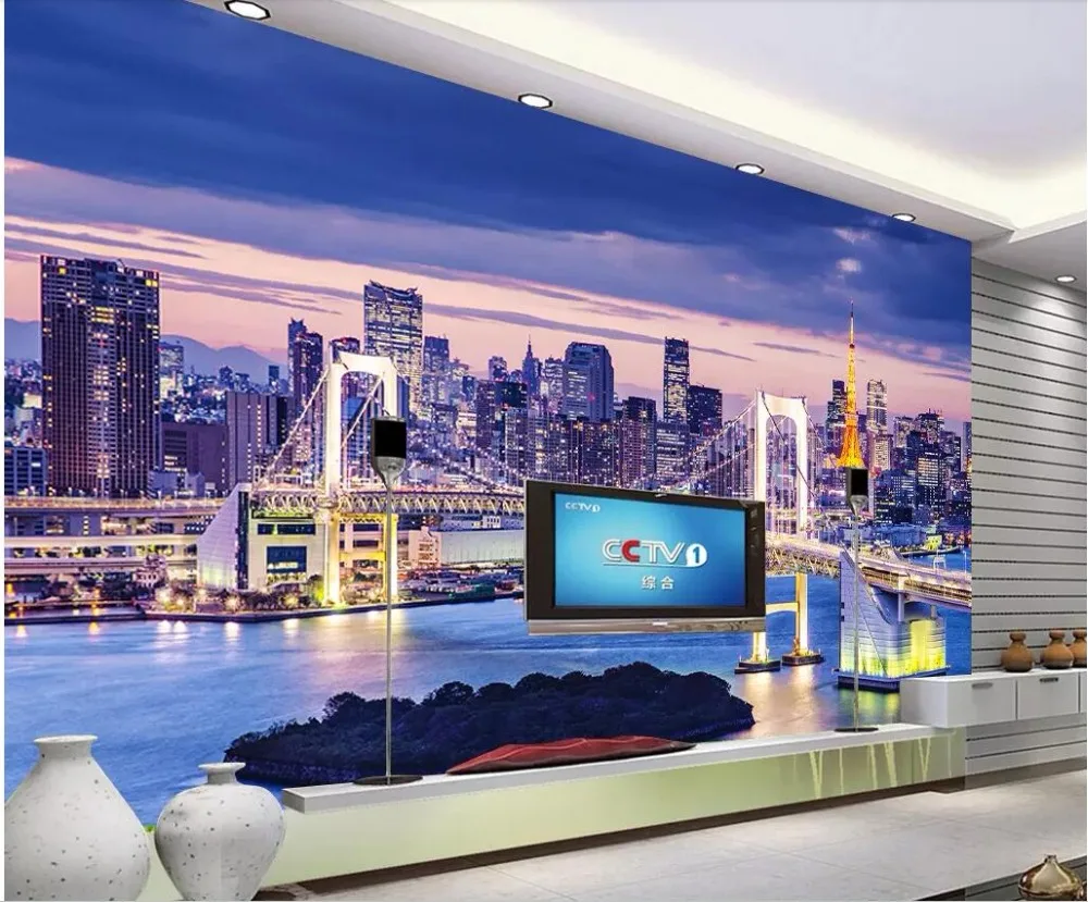 Custom photo mural 3d wallpaper High-speed flyover city architecture purple landscape decor living room for walls | Обустройство дома