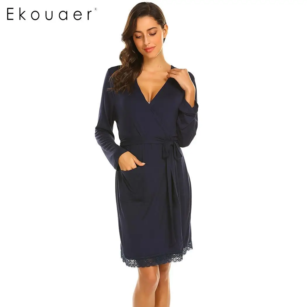 Blue Ekouaear, женская пижама, халаты, сексуальный Ночной халат, однотонный, v-образный вырез, длинный рукав, кружевная отделка, карман, халат, кимоно, ночная рубашка - Цвет: Blue