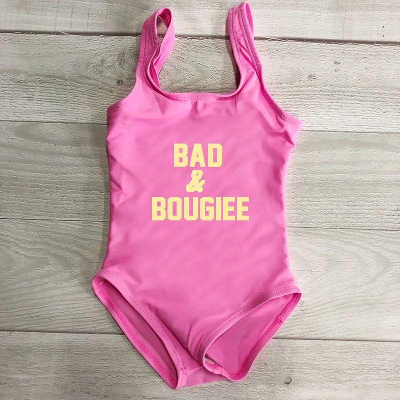 PKGD BAD& bougiee буквенный принт Одна деталь купальник, Детские купальники розового цвета для девочек, пляжная одежда, детский ванный комплект летний купальный костюм черный - Цвет: PKGD