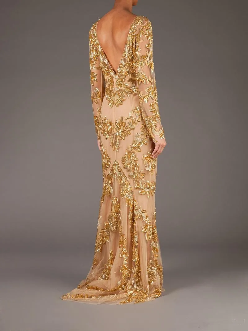 Vestido De festa Longo с длинным рукавом Выпускные платья Золотая Иллюзия аппликации