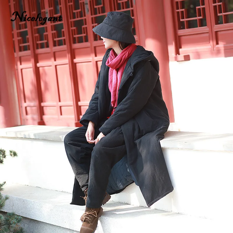 Одноцветное пальто 2018 новые парки Для женщин из хлопка и льна Винтаж