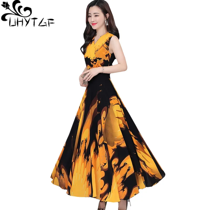 

UHYTGF Bohemian Long dresses Fashion chiffon summer dress New Printed Vneck Sexy women dress Temperament Lady beach dresses 1349