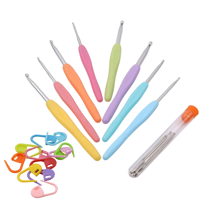 28Pcs Color Plastic Handle Tool Set (8 Metal Crochet +9 Wool Needle +10 Small Buckle +1 Storage bag)|Вязание| |