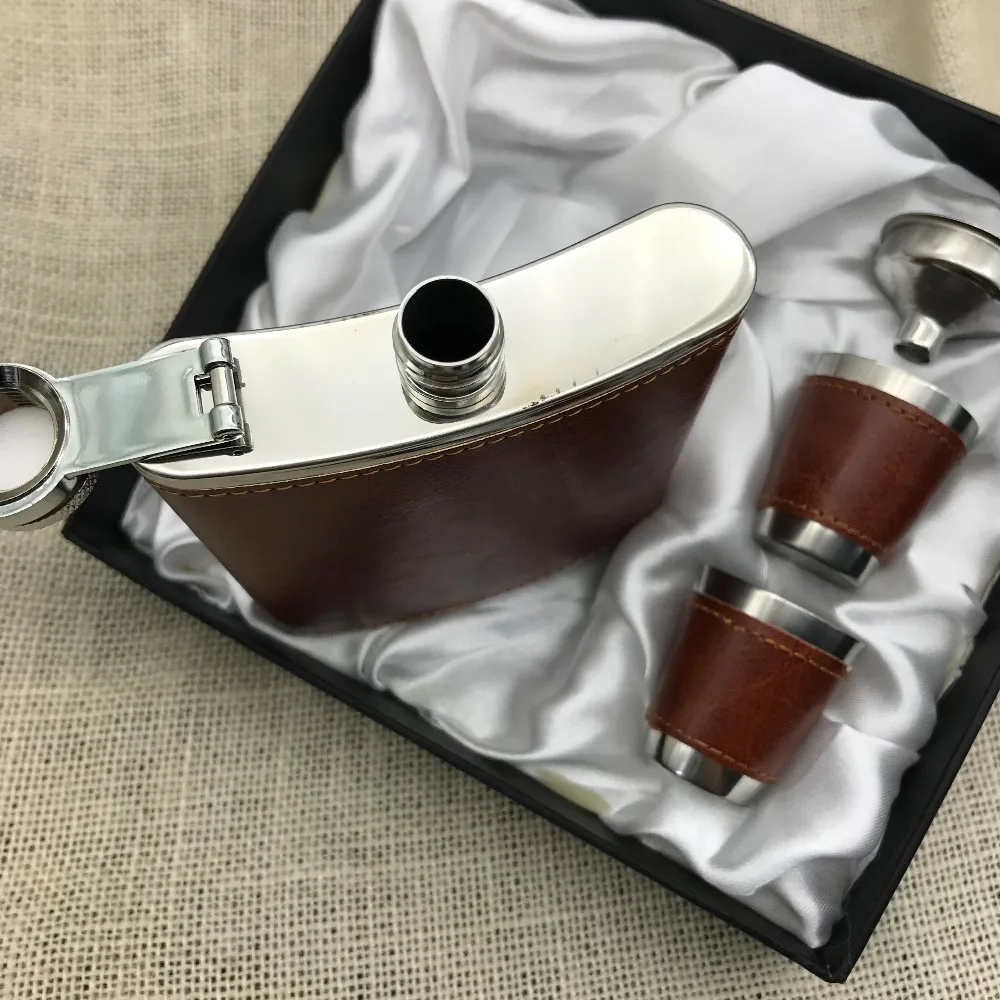 Бесплатная доставка плоская фляжка с кожаной обмоткой 7 унций 2 чашками и