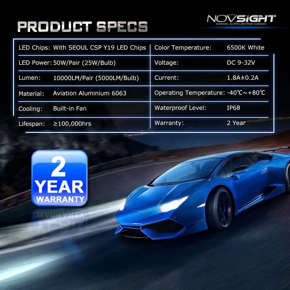 NOVSIGHT H4 H7 H11 H1 CSP светодиодный 9005/HB3 9006/HB4 H13 9007 H3 H8 10000Lm автомобильные лампы для
