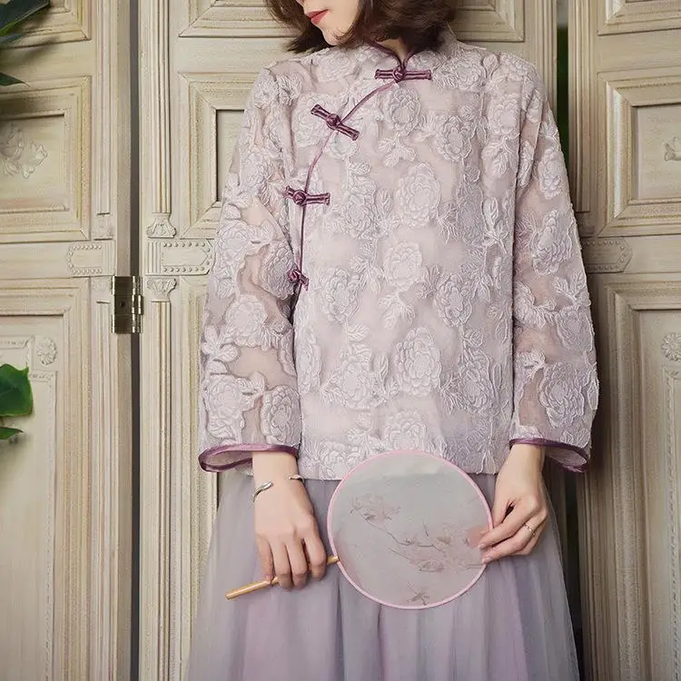 Johnature, новинка, Ретро стиль, цветочный принт, стойка, пряжка, Cheongsam, топы, осень, удобная, кружевная, подходит ко всему, длинный рукав, женская рубашка - Цвет: Фиолетовый