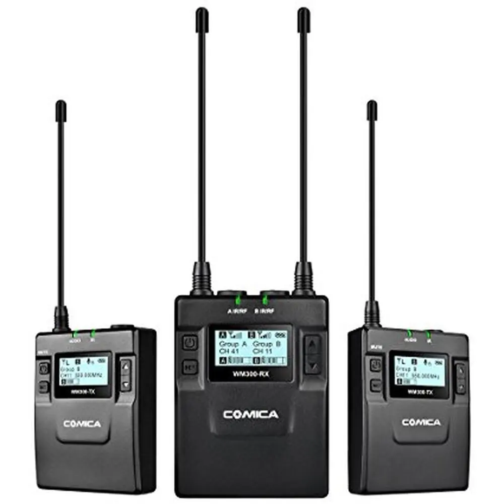 저렴한 Comica CVM-WM300(A) 무선 마이크 Canon Nikon Sony 96 채널 UHF 충전식 무선 마이크 듀얼 Lavalier 마이크