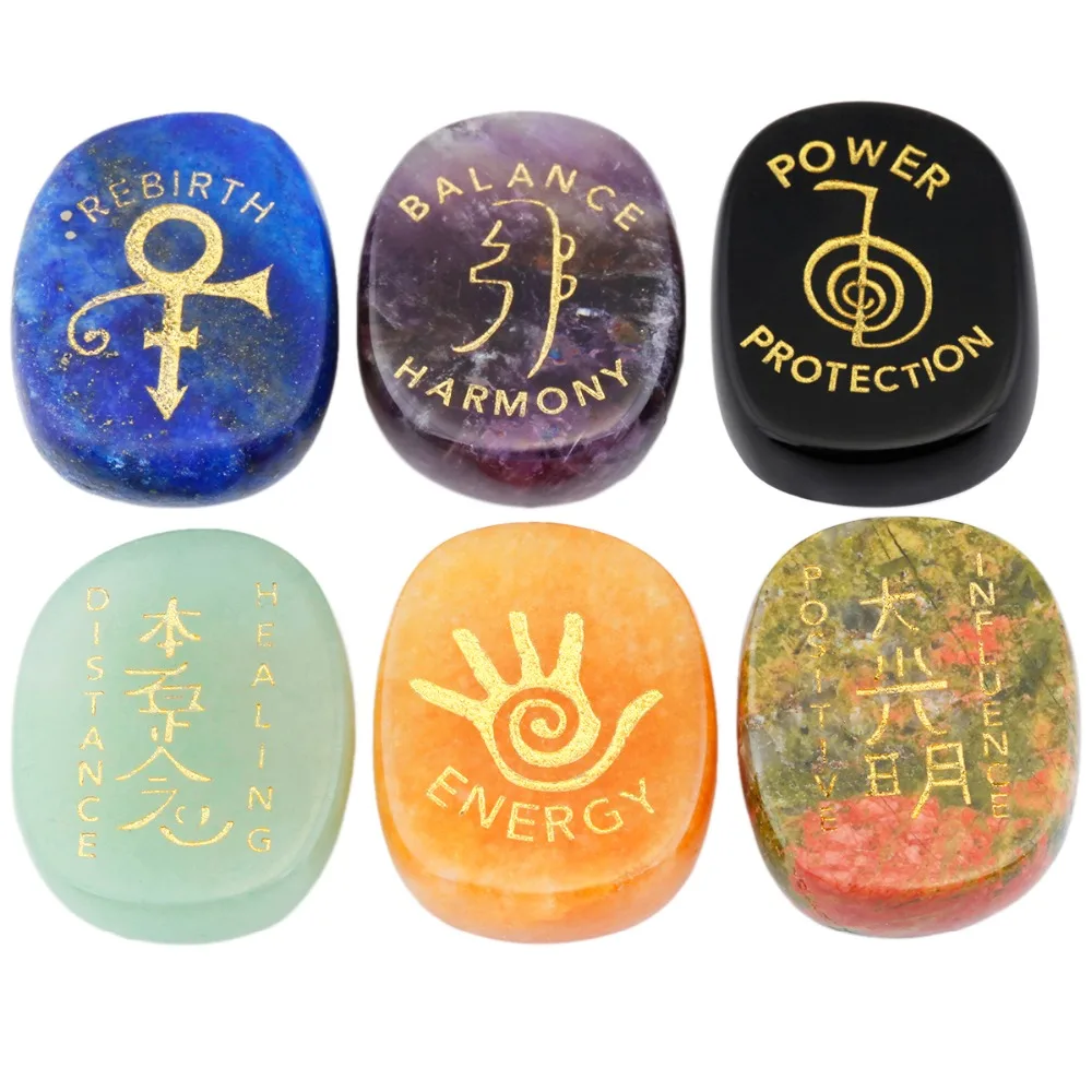 

TUMBEELLUWA 1Lot (6Pc) Healing Crystal Engraved Usui Reiki Balancing Symbols Chakra Palm Stone with Velvet Bag