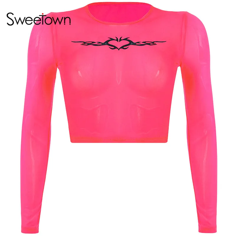 pink Sweetown Лето тонкий сетчатый топ розовый длинный рукав укороченный Топ Футболка зеленый передний цветочный принт прозрачный топ Женская Сексуальная рубашка - Цвет: pink