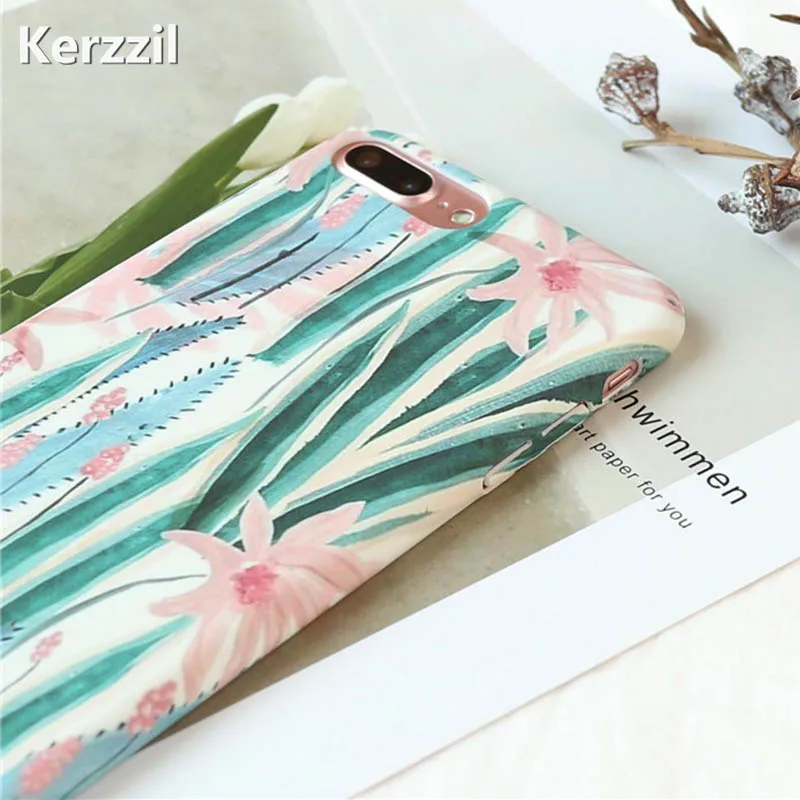 Kerzzil Pink flowers Green Leaf Phone Cases For iphone 7 8 6 6S Plus Matte Hard Cover Case iPhone Vintage | Мобильные телефоны и