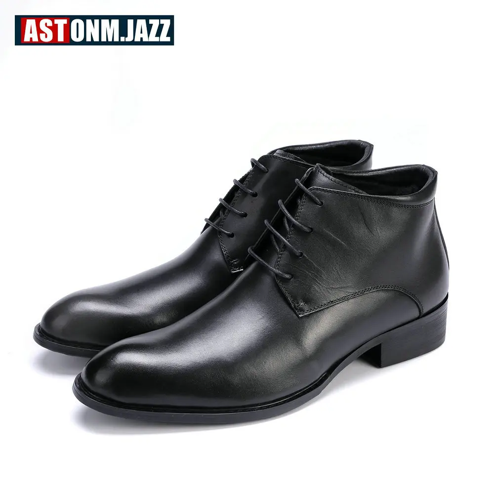 Элегантные мужские кожаные ботинки ботильоны на шнуровке теплые плюшевые зимние