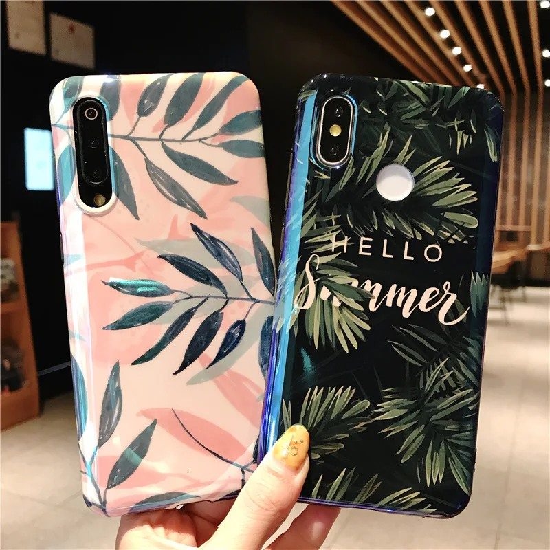 Redmi Note7 Pro Luxury Phone Case Green Pink Leaves ins Hot Style Mobile Cover For xiaom mi 8 A2 9SE redimi note 7 Couqe |