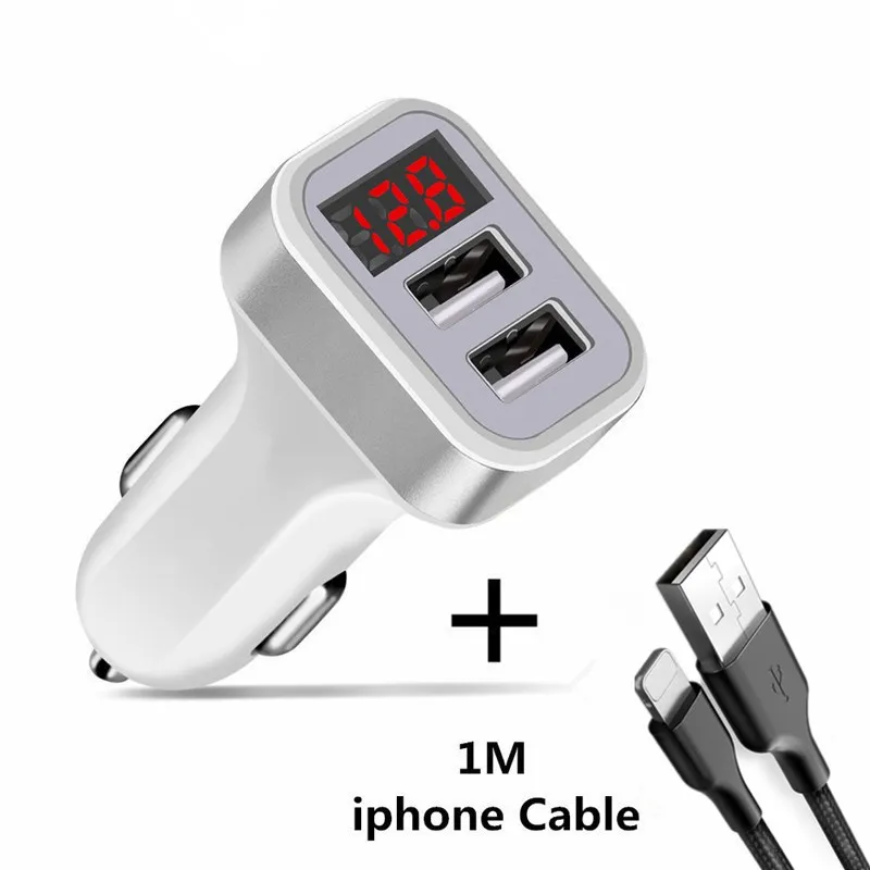 Silver ip Cable 5V 2.1A автомобиля Зарядное устройство с светодиодный Экран Смарт авто-Зарядное устройство адаптер Micro 2 USB кабель для зарядки для iPhone 7 samsung Xiaomi huawei - Тип штекера: Silver ip Cable
