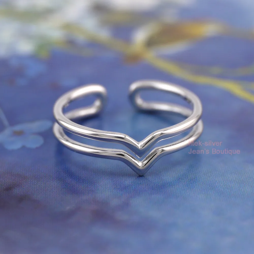 S92 Solid Sterling SIL Simple Double Layer Chevron V Stacking Adjuatable Ring A3598 | Rings