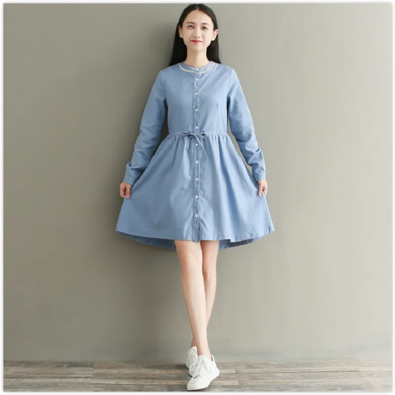 Милый осень весна Для женщин синий мини платье краткое стенд воротник