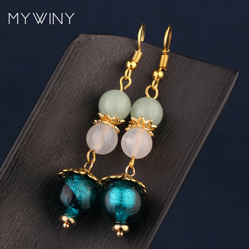 MYWINY природа камни Висячие этнические блестящие серьги из авантюрина винтажная