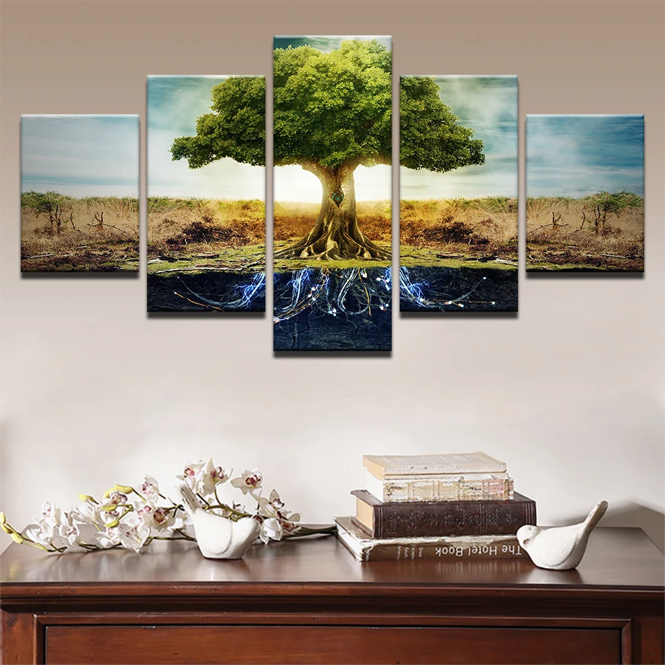 Холст HD печать плакатов Wall Art рамки 5 шт. абстрактный корень дерева картина жизни