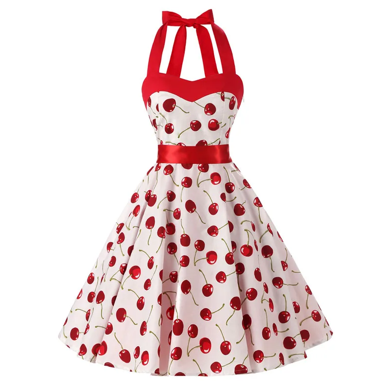 Kadın kırmızı kiraz parti elbise Vintage 50s Rockabilly Hepburn elbise 2022 zarif yaz straplez salıncak Retro Halter Pin up elbise