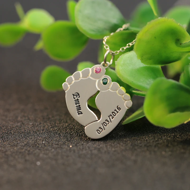 Solid Silver Birthstone Name Necklace Customized Baby Feet Memorial Birthday Gift | Украшения и аксессуары