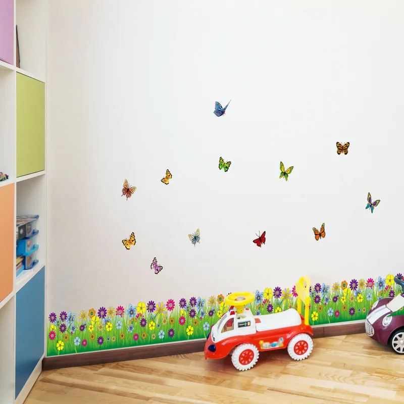 Butterfly Flowers Grass wall stickers Vinyl DIY Decals For Living room Bedroom Kids Baseboard Skirting Decor Murals | Дом и сад