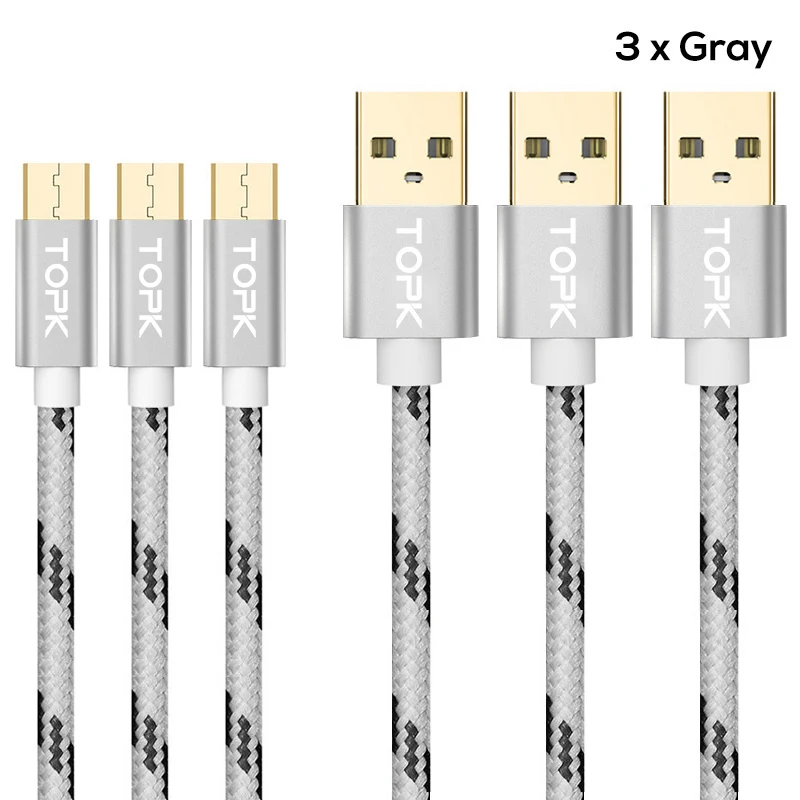TOPK [3-Pack] Micro USB кабель 2A Быстрая зарядка мобильный телефон кабель синхронизации данных для Xiaomi Redmi 4X samsung Galaxy S7 Кабель зарядного устройства - Цвет: Серый