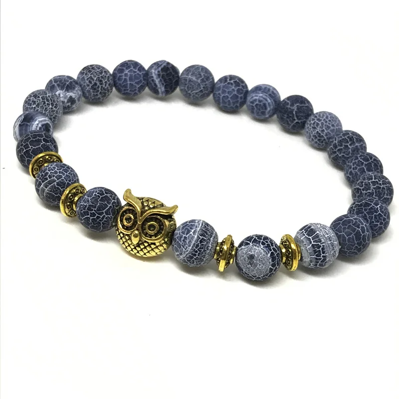 IRBACOO 2019 New Brand Bracelet 8 mm Weather Stone Blue Beads With Owl Charm For Women Beaded Bracelets Jewelry Gift | Украшения и