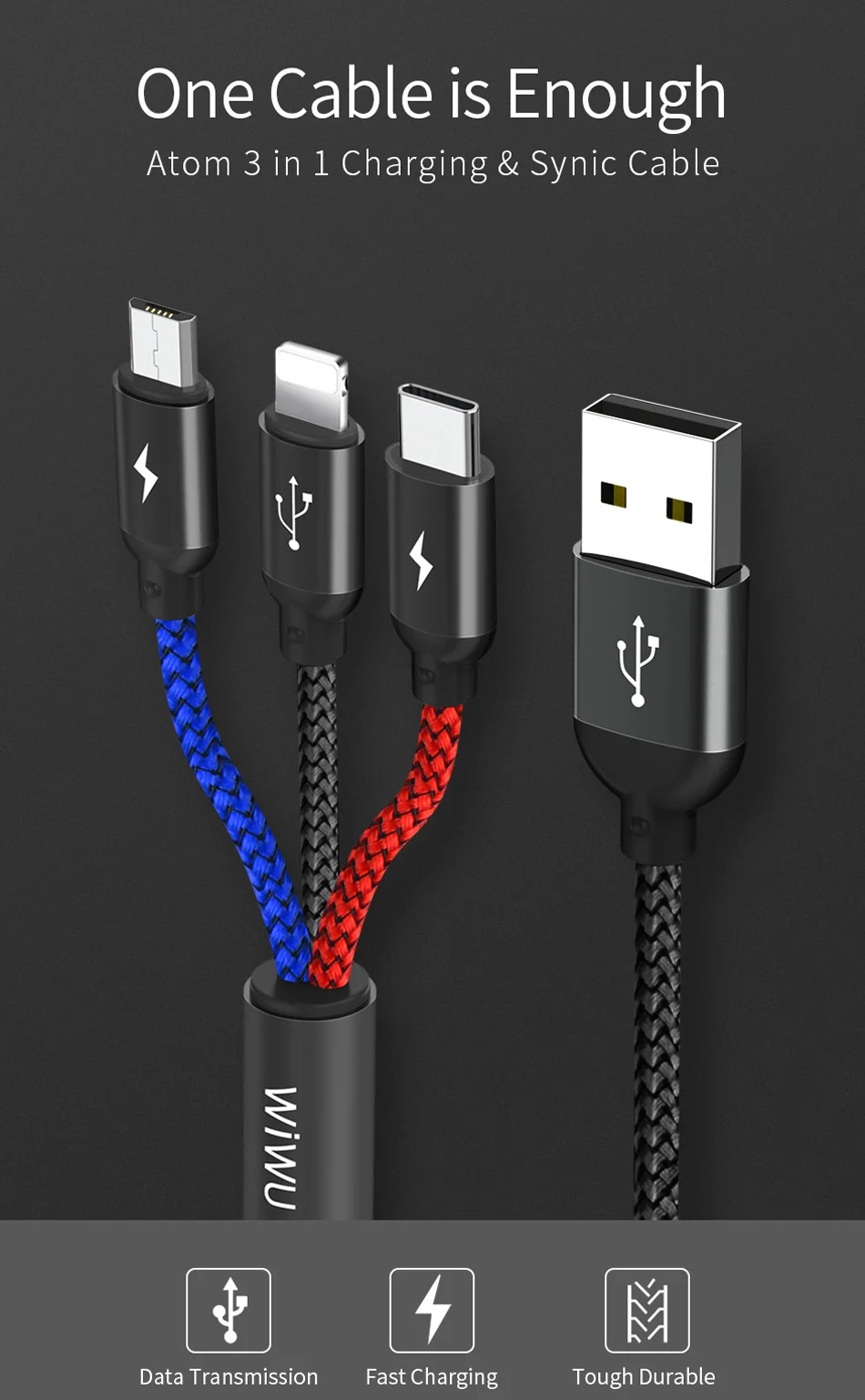 WIWU кабель для мобильного телефона для iPhone XS X 8 7 Быстрая зарядка 3 в 1 USB-Type C дата кабель для Xiaomi Android кабели для мобильных телефонов