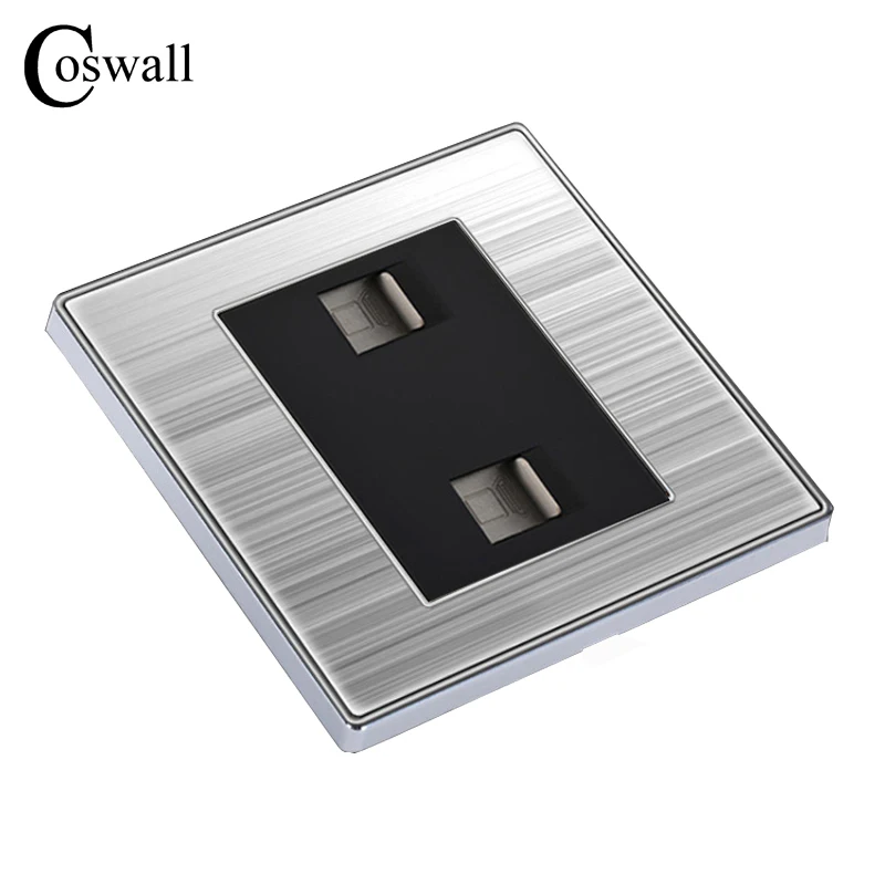COSWALL Luxury Wall Double Internet Socket Power Computer Outlet Enchufe Stainless Steel Brushed Silver Panel RJ45 Plug Soquete |
