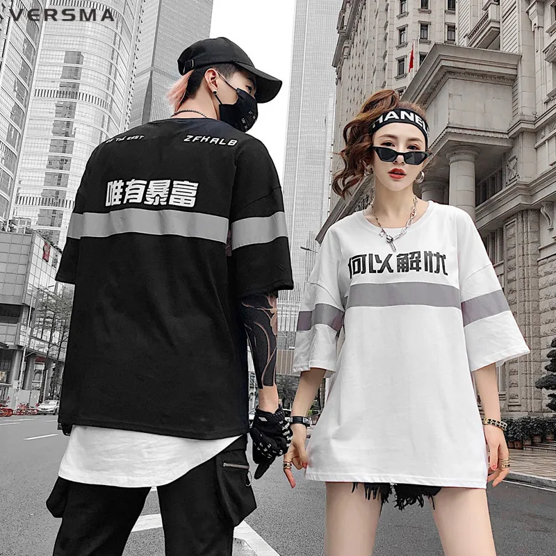 VERSMA корейская Harajuku Светоотражающая светящаяся китайская печатная Футболка мужская летняя Высокая улица K поп винтажная парная Футболка мужская