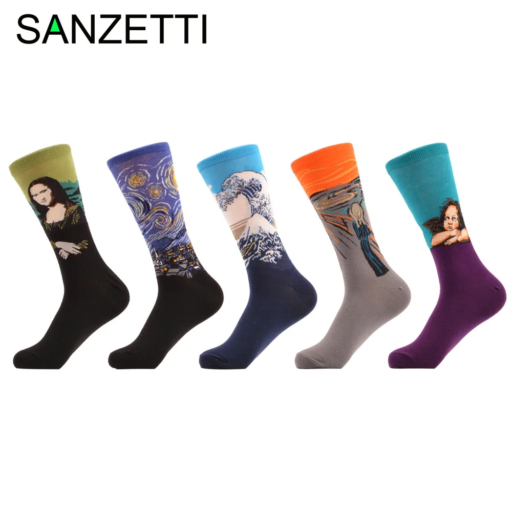 SANZETTI, 5 пара/лот, Ретро стиль, Ретро стиль, унисекс, для женщин, современный Ренессанс, Ван Гог, звездная ночь, искусство, живопись маслом, носки, забавные носки