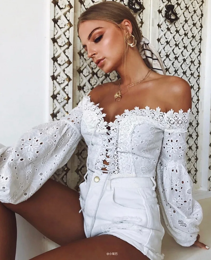 Bohemian Hollow Out Chiffon Sexy Women Criss Cross Bandage Lace Semi-sheer Plunge Long Sleeve White t shirt vintage tops stitch | Женская