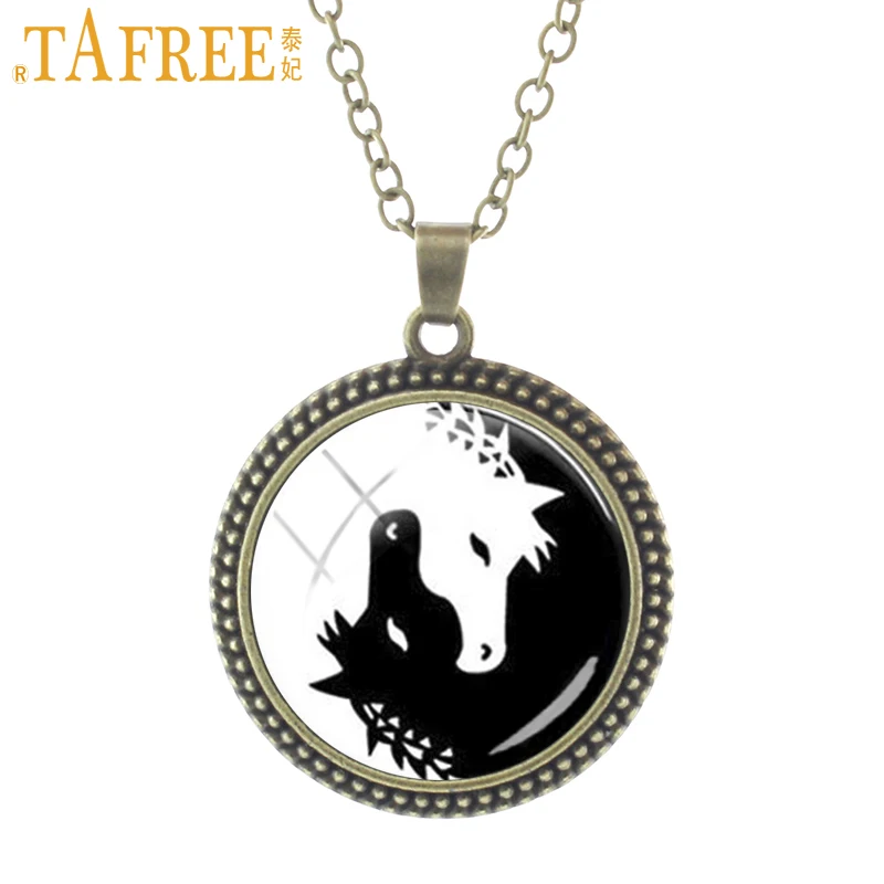 TAFREE Horse Jewelry women men Necklace Yin Yang Black White Animals Art Glass Photo Charms medallion pendant necklaces ES72 | Украшения и