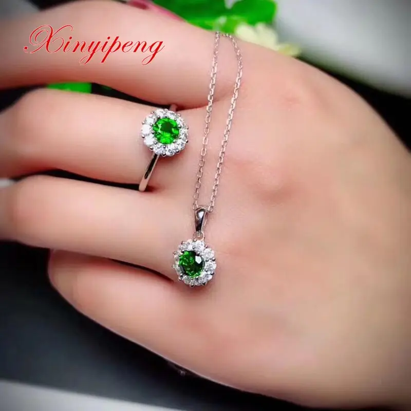 

Xin yi peng 925 silver plated white gold inlaid natural diopside female jewelry suit women jewelry fine jewelry S925