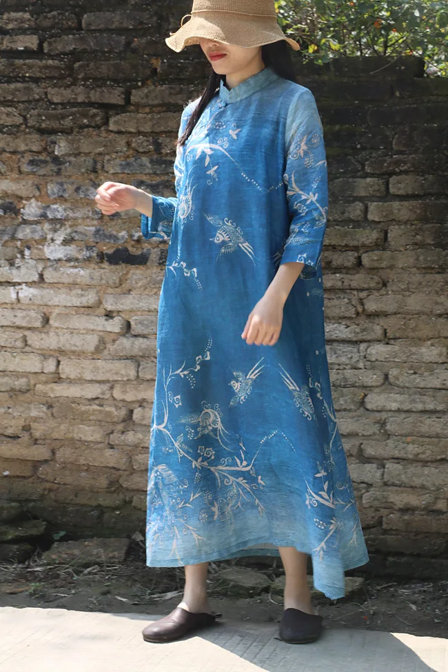 Vintage Stand Collar Three Quarter Sleeve Bird Print Blue Pure Ramie Linen Dress Spring Summer Elegant Lady Quality Retro Robe | Женская