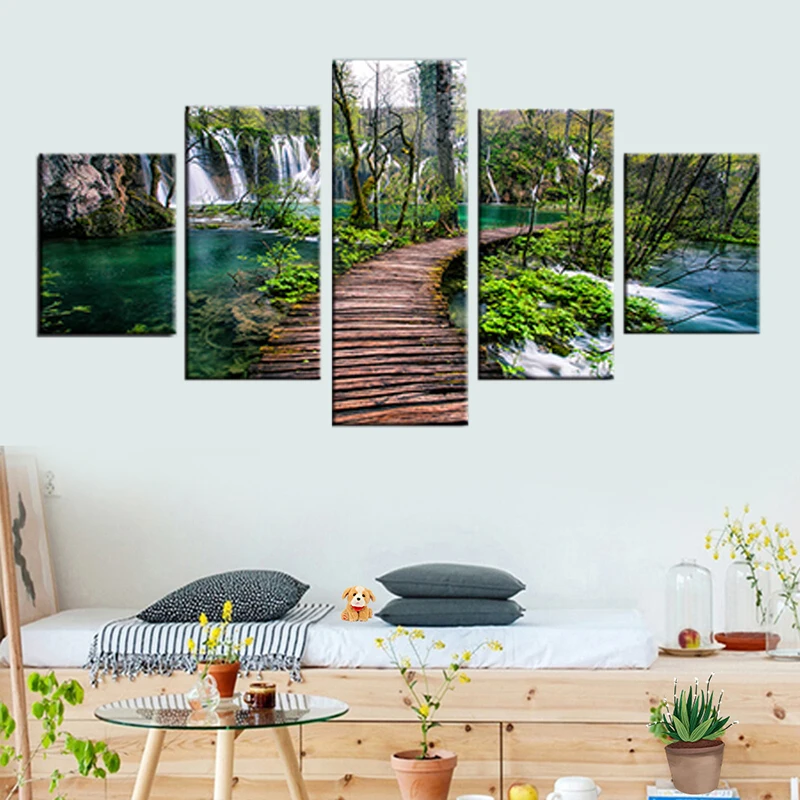 Модульная картина 5 шт. водопад зеленые деревья и лесной мост природный пейзаж