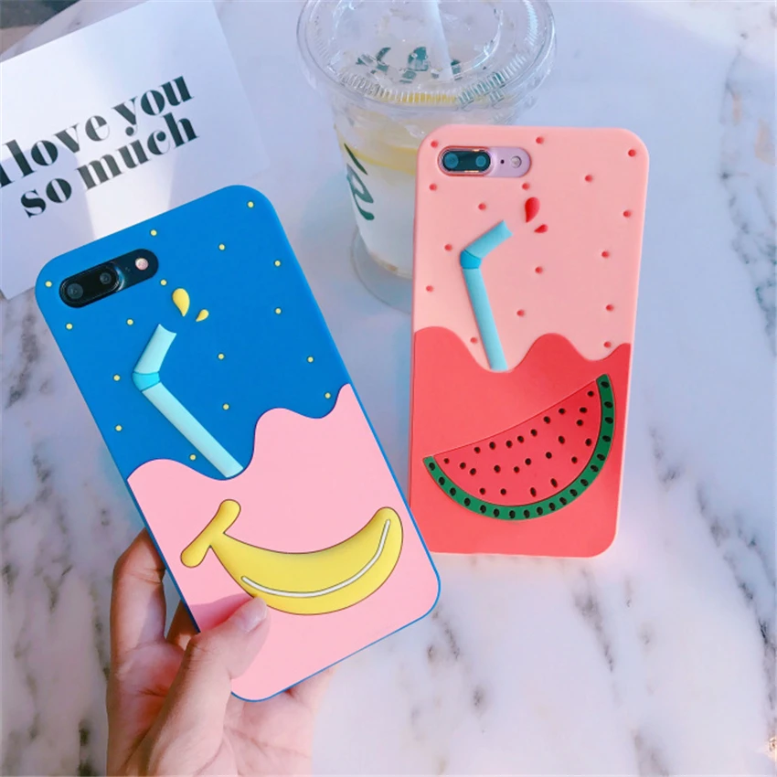 3D Carnoon банан арбуз напитки телефонные чехлы для iPhone 6 6S Plus фрукты сок Мягкая