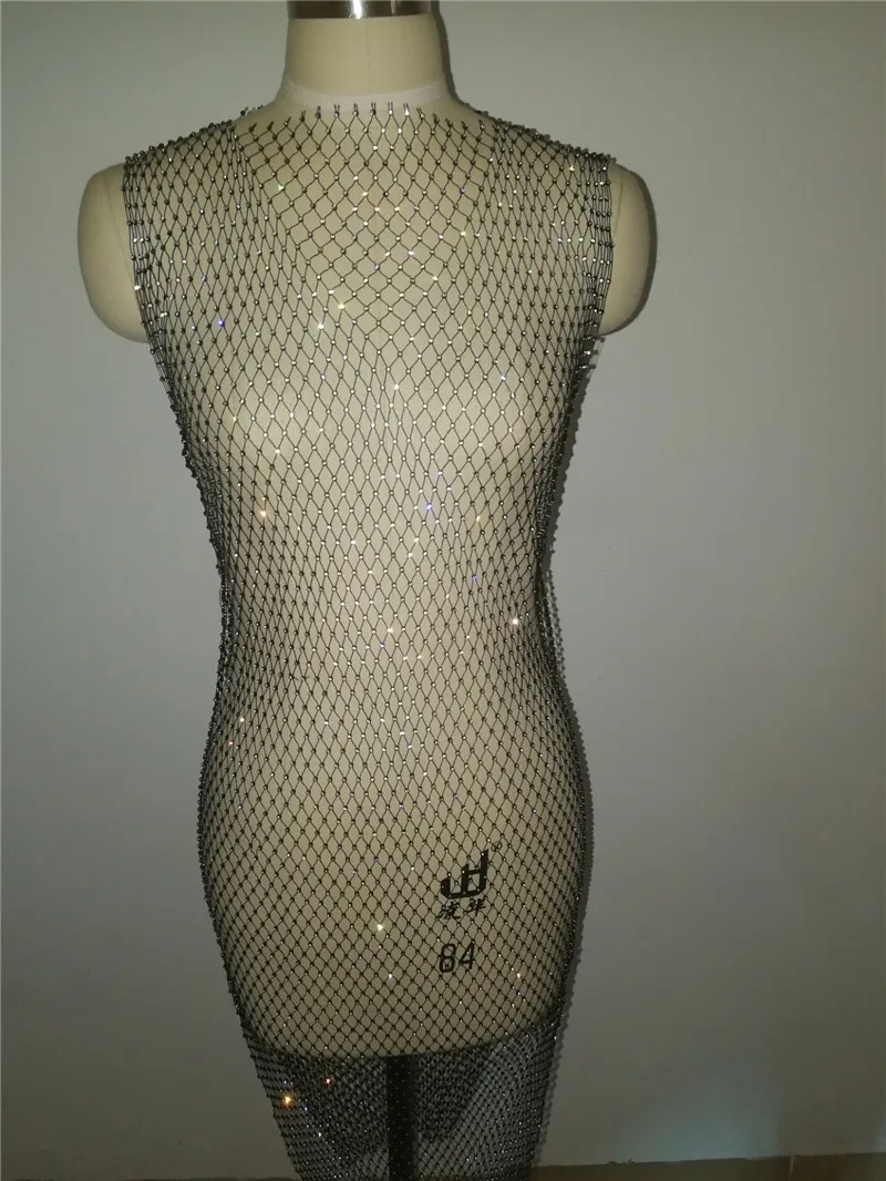 2019 Black Rhinestone Mesh Party Sequins Tank Dress Women sexy Sleeveless Hollow Out Bodycon Outwear Nightclub Beach Dresses | Женская