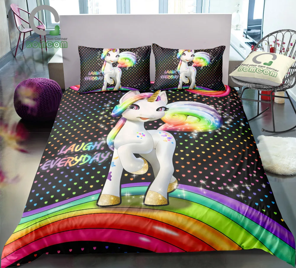 BOMCOM 3D набор постельного белья с цифровой печатью Happy Unicorn подставкой и радужным