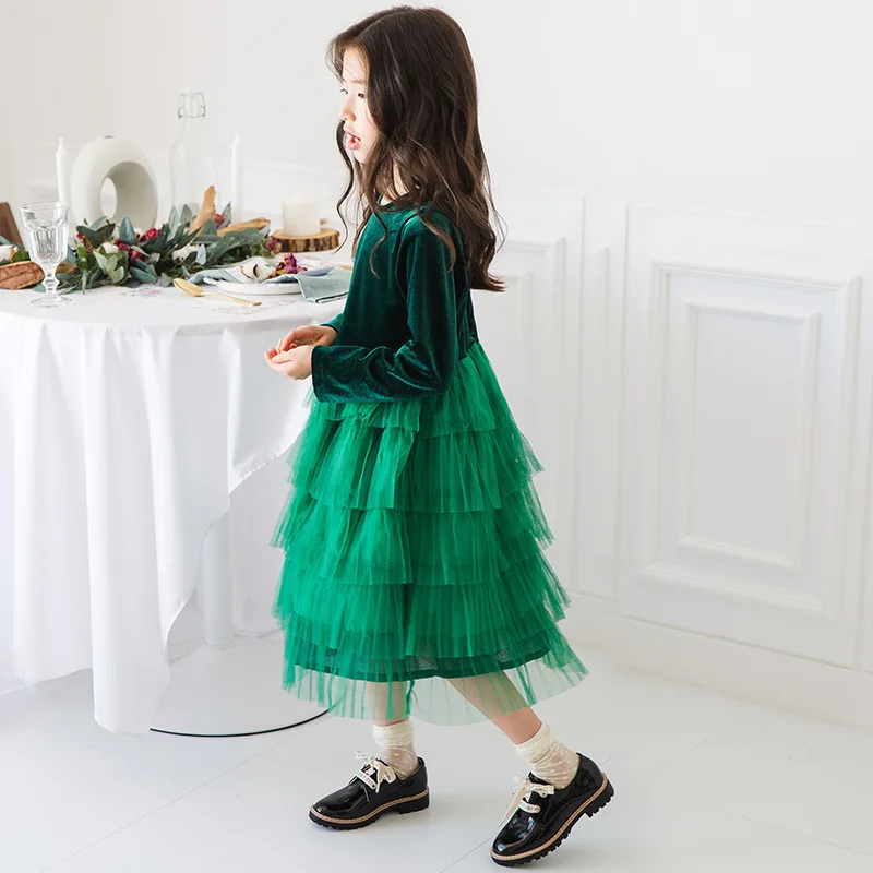 spring green velvet long dress age for 6 - 14 yrs teenage girls cupcake winter party frocks big princess costume | Детская одежда и