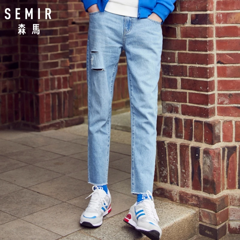 Джинсы SEMIR мужские укороченные из 100% хлопка узкие брючные джинсы с потертостями