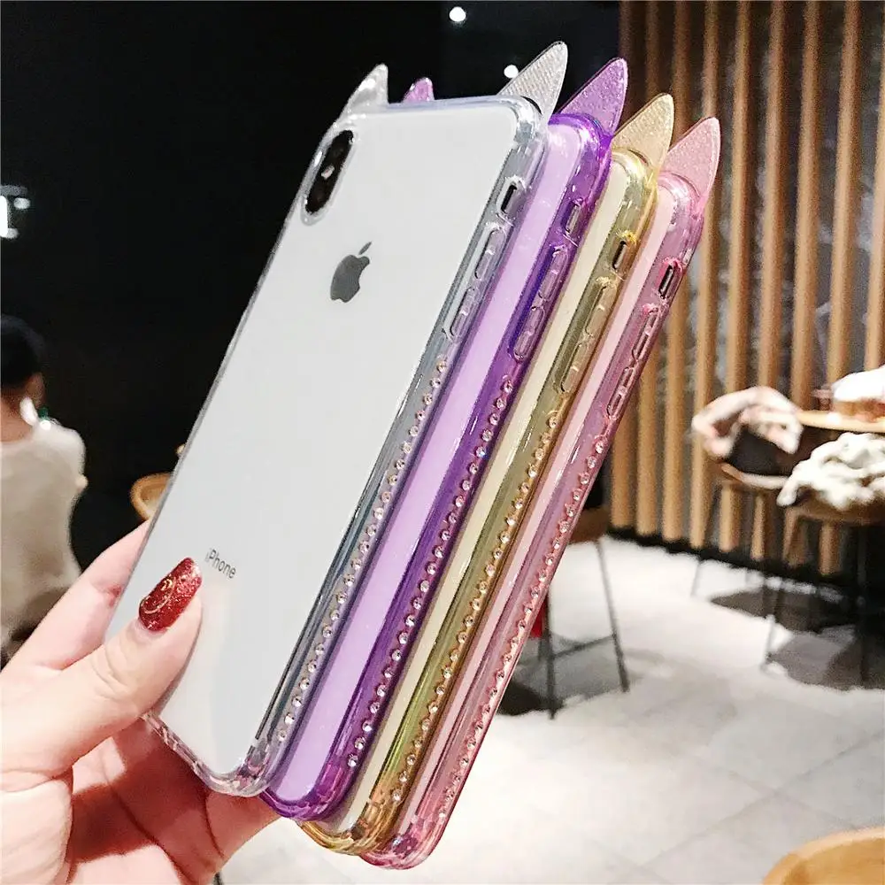 Luxury Bling Diamond Cute Cat Ears Transparent Phone Case For iPhone 6 6s 7 8 Plus X XR Clear Soft TPU XS Max |