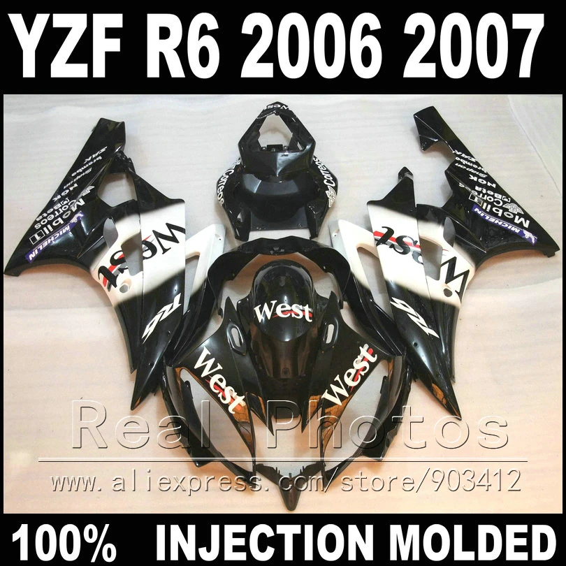 

100% Fit for YAMAHA R6 fairing kit 06 07 Injection molding west white in black 2006 2007 YZF R6 fairings