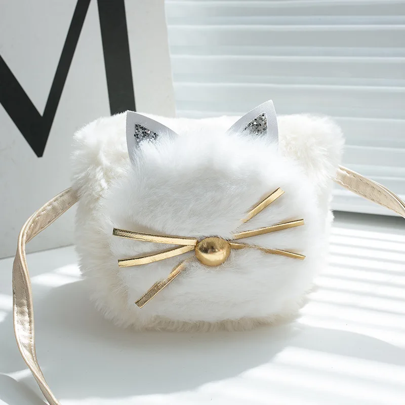

Faux fur plush cartoon cat cute children school bags kids messenger travel cross-body money pouches for kindergarten baby girls