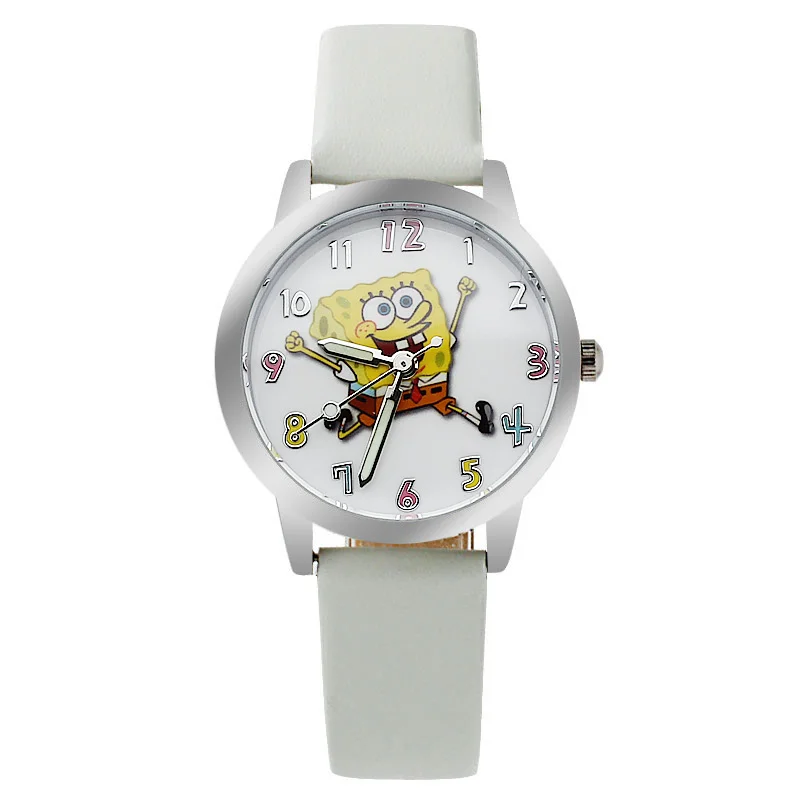 Белый Часы для мальчиков и девочек с надписью «Spongebob», с циферблатом, с кожаным ремешком, кварцевые часы, подарок для детей, детские часы, платье - Цвет: Белый