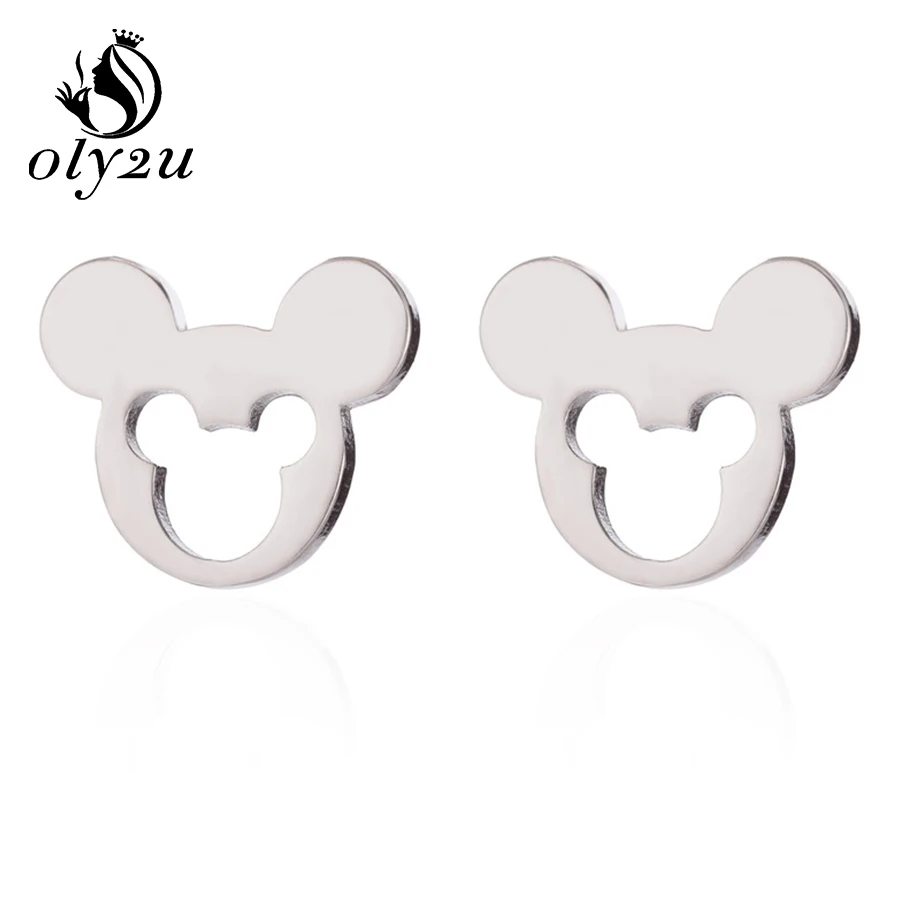Silver Earrings Oly2u милые серьги-гвоздики с Микки Маусом для женщин, серьги-гвоздики из нержавеющей стали с мышкой, модные ювелирные изделия, серьги с маленькими животными - Окраска металла: Silver Earrings
