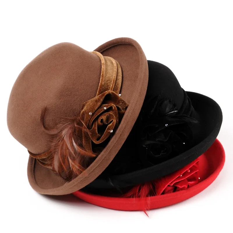 

Новинка, Женская бархатная шапка Fedoras, с цветами, шерстяная шапка с шерстью, Женская осенне-зимняя элегантная однотонная шапка в британском ...