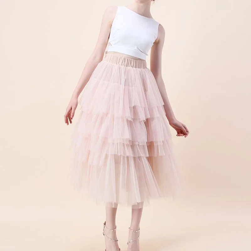 

2017 Fashion Tiered Tulle Skirts High Waist Elastic Style Mid-Calf Tutu Skirt Custom Made Sweet Lolita Midi Skirts Stylish Saias