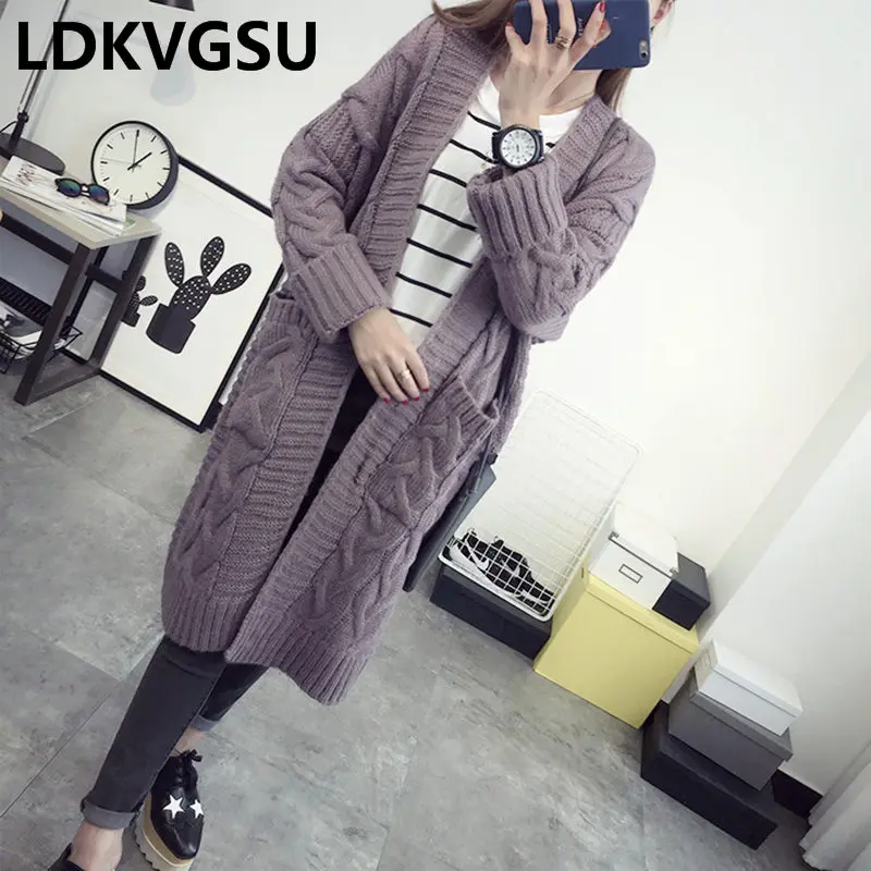 2018 Autumn Winter New Women's Korean Twist V-neck Knit Cardigan Loose Large Size Big Pocket Long Female Sweater Jacket Is1435 |