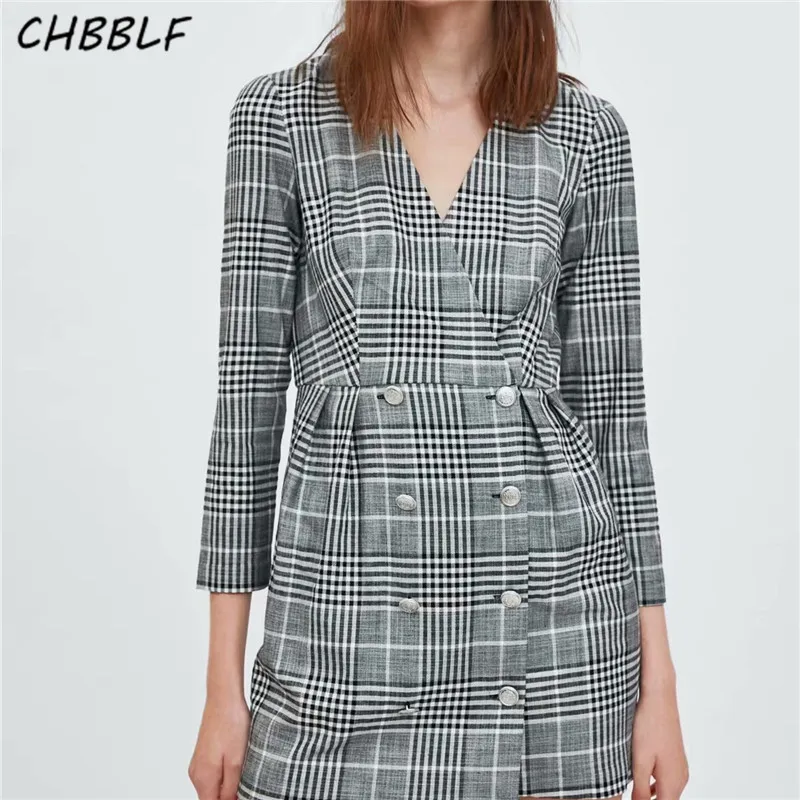 Женское мини-платье CHBBLF винтажное клетчатое платье с длинным рукавом и