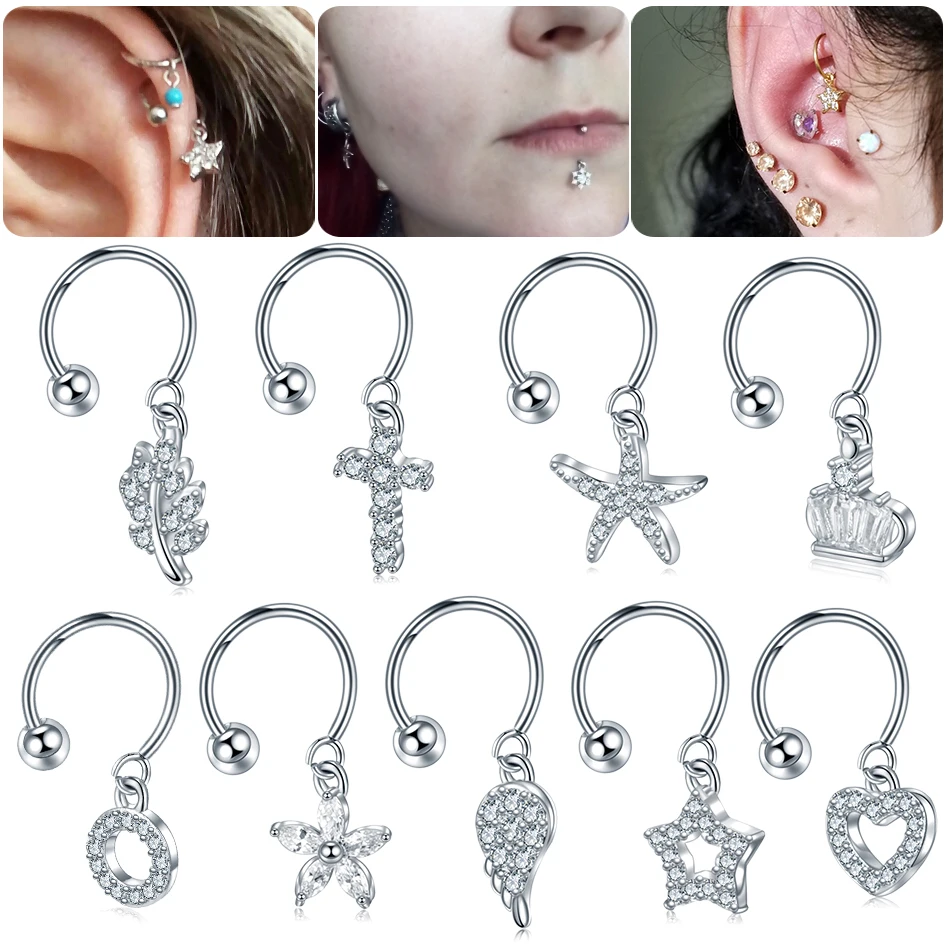 

1 PC Steel &Copper CZ Gem Dangle C Sahpe Tragus Piercing Oreille Helix Daith Cartilage Hoop Tragus Lip Ring Piercings Jewelry